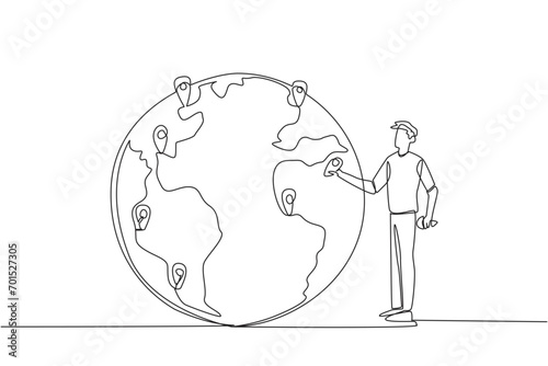 Single one line drawing man places a pin location point on surface of globe. Mapping areas that are very important for immediate tree planting. Earth day. Continuous line design graphic illustration