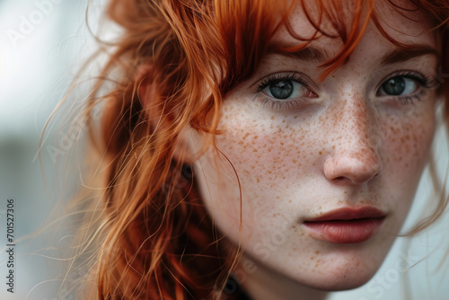 Modeling shot of a beautiful red haired woman with freckles made with Generative AI Technology