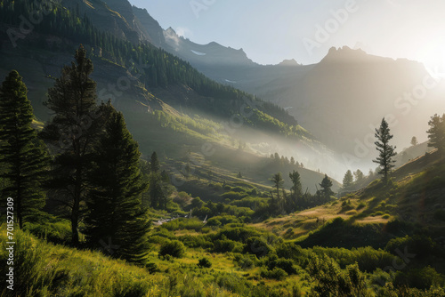 Green Mountain Landscape in the Morning Sunrise made with Generative AI Technology