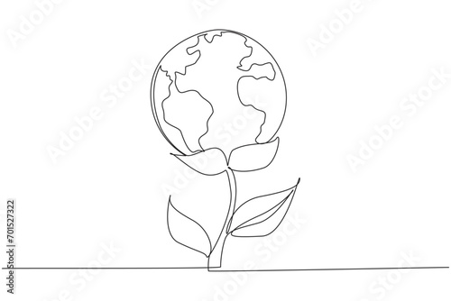 Continuous one line drawing a plant with a globe at the end. World environmental day. Save the world. Save the planet. Many trees lack pollution. Planting. Single line draw design vector illustration