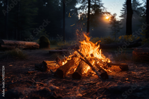 The soft glow of a campfire lighting up a forest clearing  fostering a cozy and intimate atmosphere in the wilderness. Generative Ai.