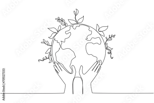 Single one line drawing two hands holding a globe. Care about the earth. Planting plants for healthier air. Environmental care. World environment day. Continuous line design graphic illustration