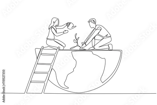 Single one line drawing man and woman work together to plant trees. For the good of the earth. Greener earth. Avoid smoke and trash pollution. Environment. Continuous line design graphic illustration