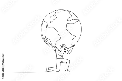 Single continuous line drawing a man kneels while cradling a globe. Alone it will be difficult to look after the earth. An invitation to preserve nature. Earth day. One line design vector illustration
