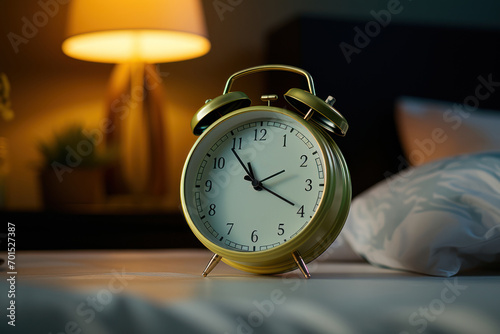 A glowing clock on a bedside table, providing a subtle luminescence for timekeeping without disturbing the sleep environment. Generative Ai.