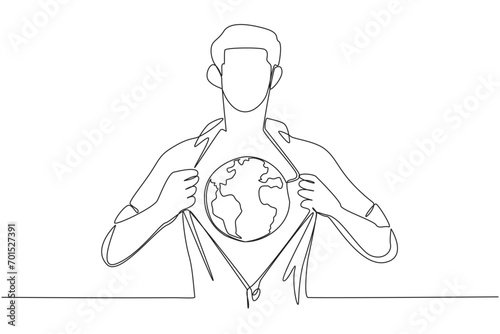Single one line drawing a man unbuttons shirt revealing a globe on his chest. A sign of deep love for the earth. World environment day. Protect the earth. Continuous line design graphic illustration