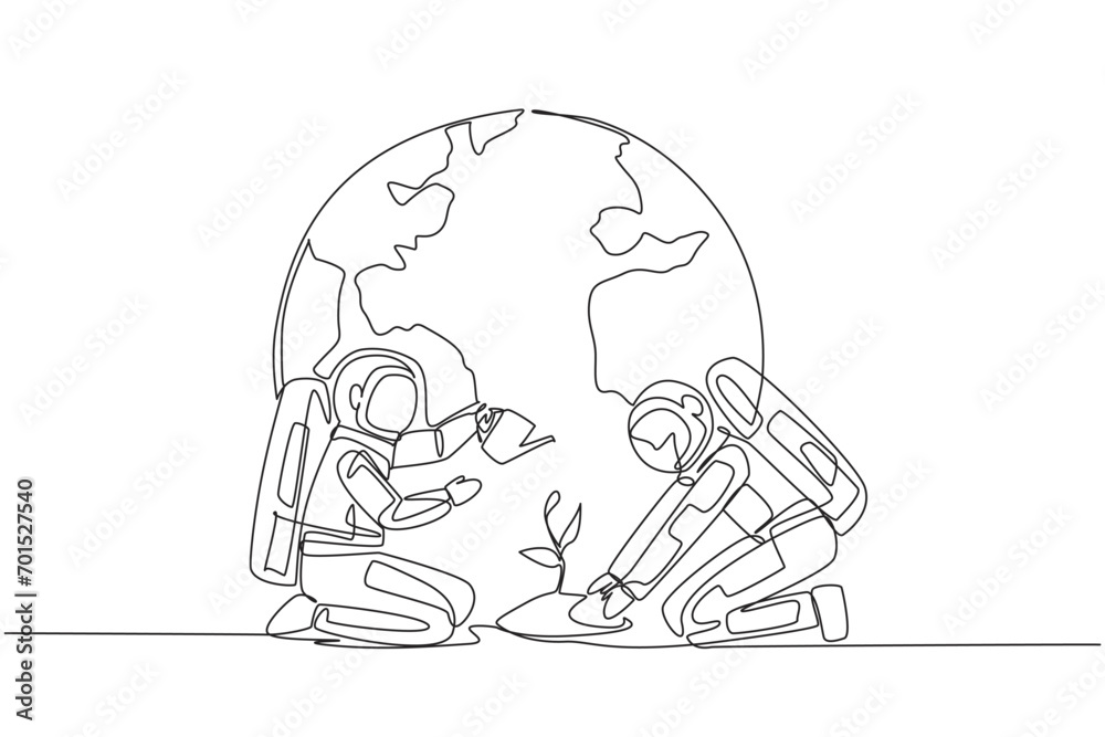 Single one line drawing astronaut holds mound of earth and the others waters plants. Team cohesiveness must be maintained. Cosmonaut loves earth. Nature. Continuous line design graphic illustration Single one line drawing astronaut holds mound of earth and the others waters plants. Team cohesiveness must be maintained. Cosmonaut loves earth. Nature. Continuous line design graphic illustration