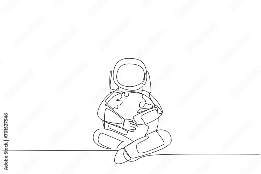 Single one line drawing astronaut sitting hugging globe. The expedition made realize that the earth should be loved more and more. Cosmic. Love the planet. Continuous line design graphic illustration