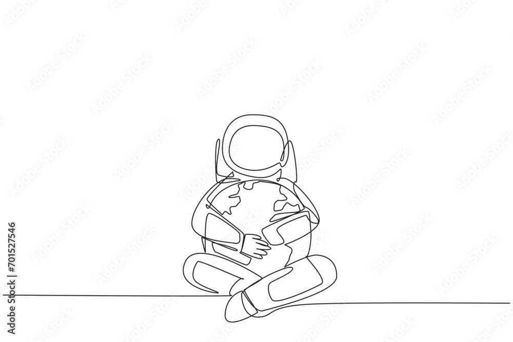 Single one line drawing astronaut sitting hugging globe. The expedition made realize that the earth should be loved more and more. Cosmic. Love the planet. Continuous line design graphic illustration Single one line drawing astronaut sitting hugging globe. The expedition made realize that the earth should be loved more and more. Cosmic. Love the planet. Continuous line design graphic illustration