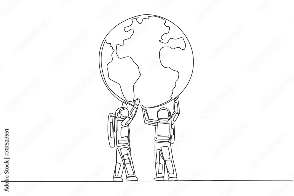 Single one line drawing two astronauts hold up globe together with both hands. Returning from expedition, enthusiasm for protecting earth grow stronger. Continuous line design graphic illustration Single one line drawing two astronauts hold up globe together with both hands. Returning from expedition, enthusiasm for protecting earth grow stronger. Continuous line design graphic illustration