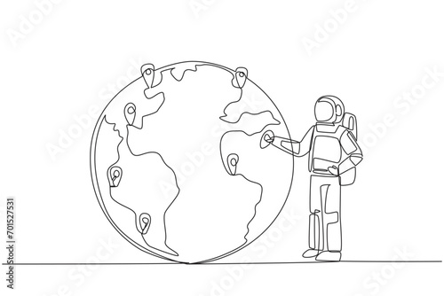 Continuous one line drawing astronaut places a pin location point on surface of globe. Mapping from space areas whose sustainability is urgently needed. Single line draw design vector illustration