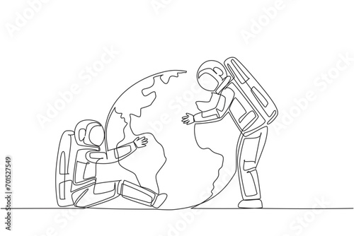Single continuous line drawing two astronauts hugging globe. Best message from a spaceman: Protect the earth with all efforts. Re-green beloved earth. Save planet. One line design vector illustration