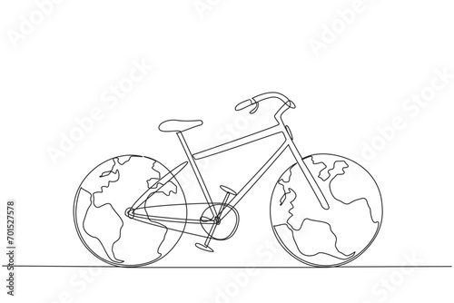 Continuous one line drawing a bicycle with two globes replacing the tires. The concept of a vehicle that is friendly to the earth. Free from pollution. Single line draw design vector illustration