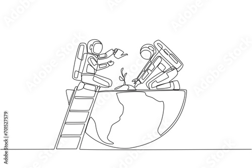 Single continuous line drawing two astronauts work together to plant seeds and water it. Slowing depletion of the ozone layer. Cosmonaut caring a lot to the earth. One line design vector illustration