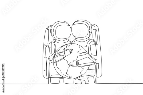 Continuous one line drawing astronauts hug each other hugging globe. Love the earth so much after returning home from expedition. Will make earth greener. Single line draw design vector illustration
