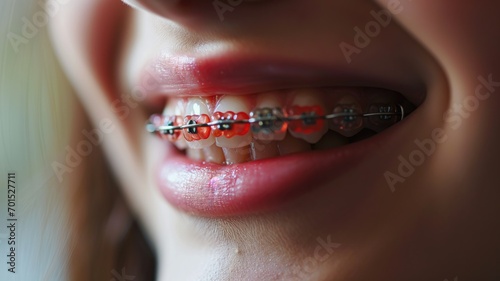 Close-up of a smile with red braces on teeth