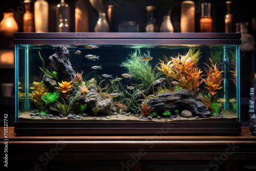 A sleek and elegant fish tank with a variety of freshwater species, adding a touch of aquatic elegance to the room. Concept of underwater aesthetics. Generative Ai. © Sebastian