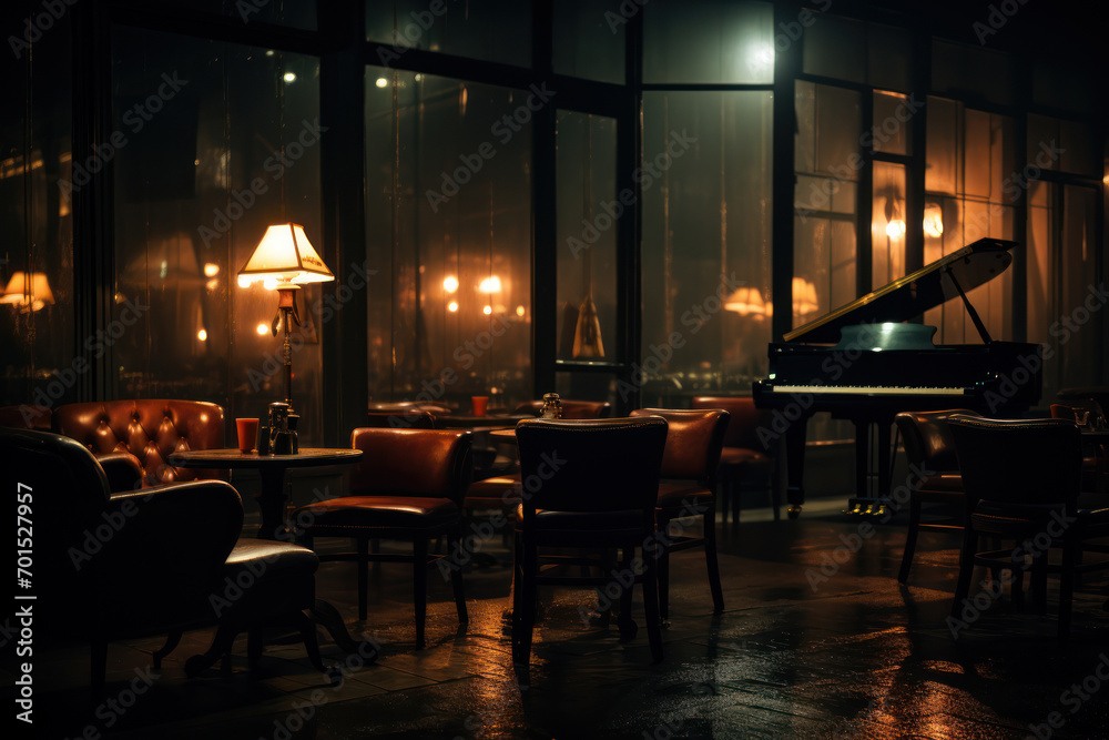 A dimly lit jazz club with musicians creating a soulful ambiance, offering an intimate experience for night owls seeking musical bliss. Concept of jazz club intimacy. Generative Ai.