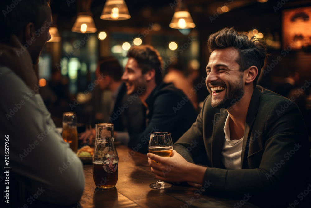 A lively pub scene in the evening, where friends gather for laughter and camaraderie, creating an atmosphere of warmth and social connection. Concept of pub conviviality. Generative Ai.