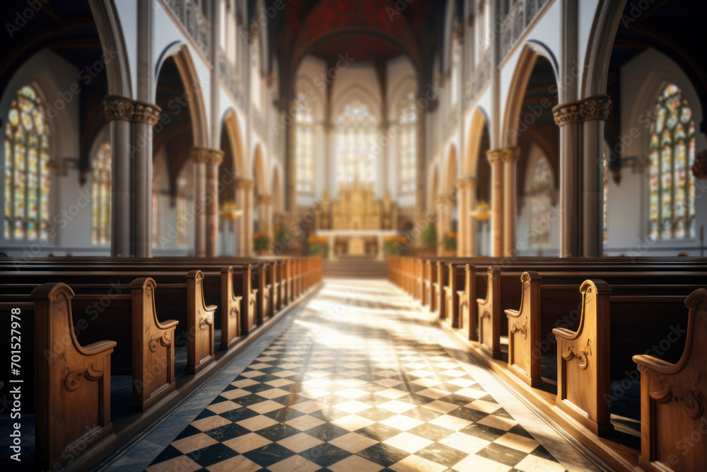 A quiet chapel with sunlight streaming through stained glass windows, creating a serene atmosphere for contemplation during midday. Concept of chapel tranquility. Generative Ai.