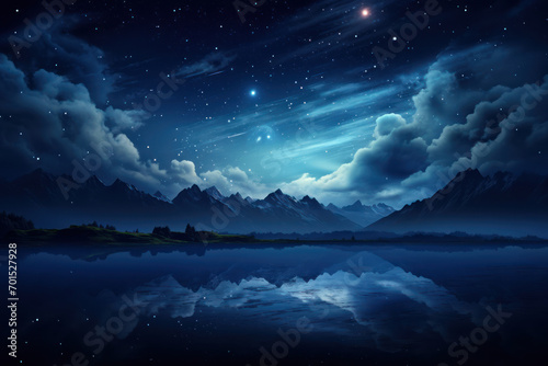 A starry night sky adorned with the gentle glow of the moon, portraying the serene beauty of the nighttime landscape. Concept of celestial calm. Generative Ai.