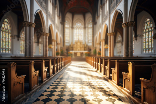 A quiet chapel with sunlight streaming through stained glass windows  creating a serene atmosphere for contemplation during midday. Concept of chapel tranquility. Generative Ai.