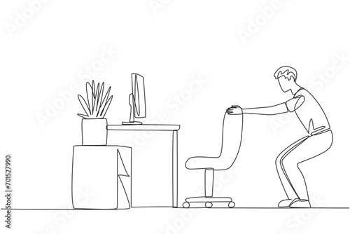 Single continuous line drawing man stands with a slight bend and both hands hold the top of chair. Overtime on weekends. Work and doing light exercise at same time. One line design vector illustration