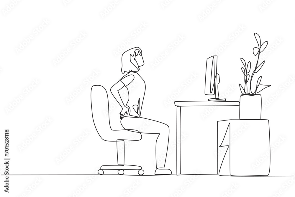 Single one line drawing woman sitting in work chair with hands holding her waist. Work while practicing breathing. Light exercise when overtime on weekends. Continuous line design graphic illustration