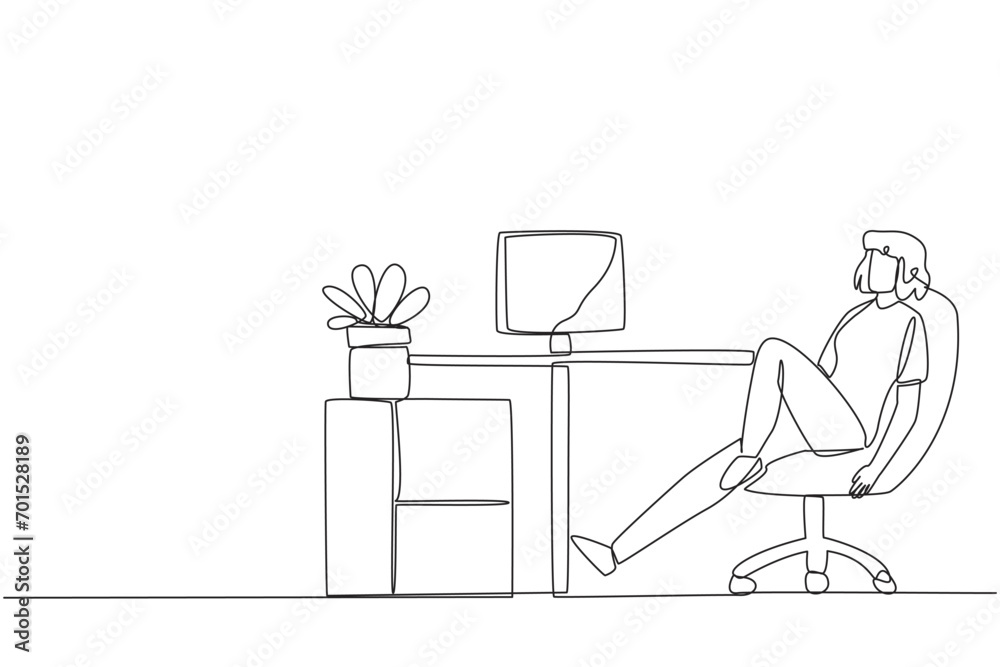 Fototapeta premium Single one line drawing woman sits in work chair with one of legs raised and folded. Do some warm-up movements. Eyes are tired and need to focus. Overtime. Continuous line design graphic illustration