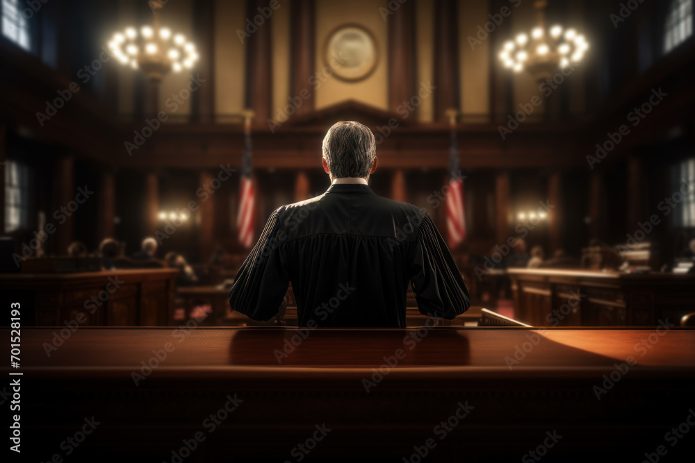 A judge presiding over a courtroom, embodying the principles of justice, impartiality, and legal expertise in the judicial system. Concept of legal integrity. Generative Ai.