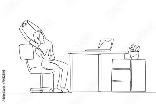 Continuous one line drawing woman sitting in work chair while raising both hands. Tense because too focused. Relax for a moment before continuing work. Single line draw design vector illustration