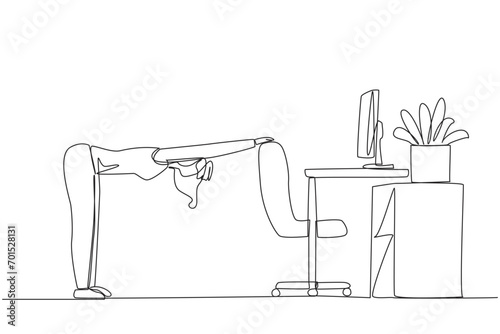 Single continuous line drawing woman bowed while stretching his hand on her work chair. Warm up movements. Light exercise while at the office. Overtime on weekend. One line design vector illustration