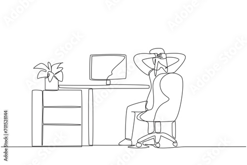 Single continuous line drawing woman sitting in chair with her hands holding the back of head. Flustered. Do a little movement to relax and feel comfortable. Work. One line design vector illustration