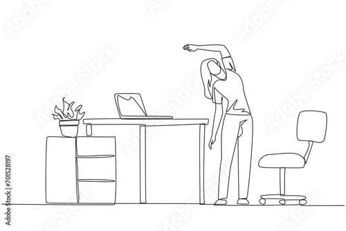 Single one line drawing woman stands while raising one hand and tilting body. Doing exercise during work. Functions to eliminate drowsiness. Overtime. Continuous line design graphic illustration