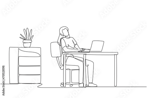 Single continuous line drawing woman sitting in work chair typing on a laptop with her head tilted. Neck tense and stiff. Too focused. Need to stretch. Overtime. One line design vector illustration