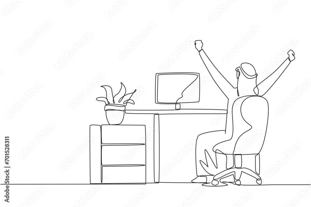 Single one line drawing Arab man sit on chair opening and raising hands. Stretch the body. Raise the hands as high as possible. Makes the body more relaxed. Continuous line design graphic illustration