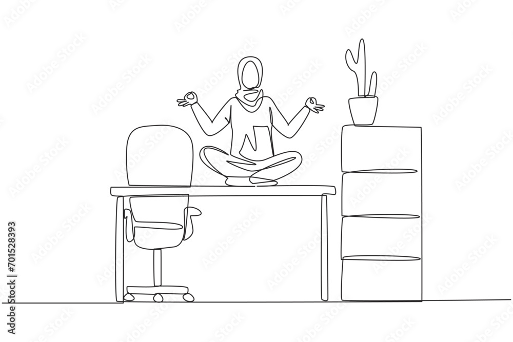 Single one line drawing Arabian woman sitting cross-legged on a work ...