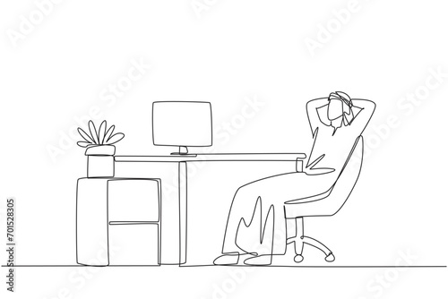 Continuous one line drawing relaxed Arabian man sitting in a work chair with his hands behind his head. Stretching. Passing the weekend busy at the office. Single line draw design vector illustration