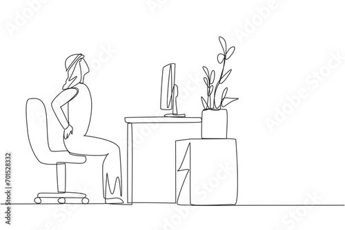 Single one line drawing Arab man sitting in work chair with hands holding waist. Too focused and sitting for long time. Avoid serious injury by stretching. Continuous line design graphic illustration