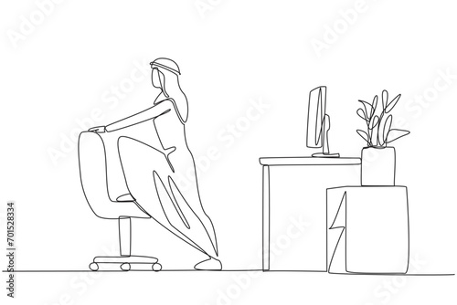 Single continuous line drawing Arab man stands while lifting one of his legs onto a chair. Stretch the legs. Avoid minor injuries to the foot. Exercise and work. One line design vector illustration