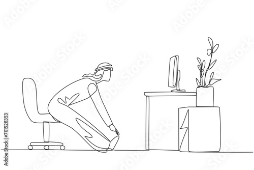 Single one line drawing Arabian man sitting in work chair with legs straightened. Stretching. Light exercise while at the office. Maintain health. Hectic. Continuous line design graphic illustration