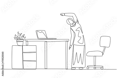 Single continuous line drawing Arabian woman stands while raising one hand and tilting body. Stretching. Keeping fit and in shape during overtime on the weekend.One line design vector illustration