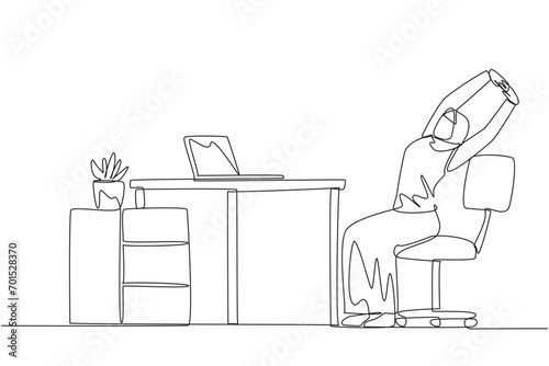 Single continuous line drawing Arab woman sitting in work chair while raising both hands. Squirming. Need relaxation. Complete reports on time. Overtime on weekend. One line design vector illustration