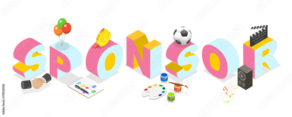 3D Isometric Flat  Illustration of Sponsor, Supporting Art, Music, Sport Projects