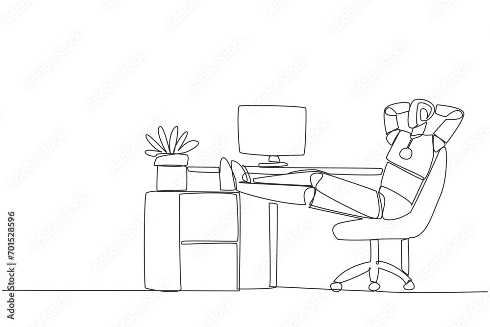 Single one line drawing robot sits in work chair with his hands behind ...