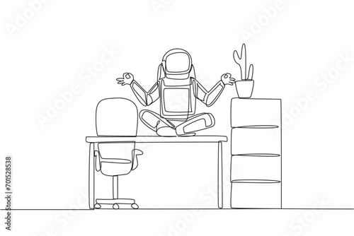 Continuous one line drawing astronaut sitting cross-legged on a work desk. Yoga in the workroom. Meditation for inspiration. Preparing for space expedition. Single line draw design vector illustration