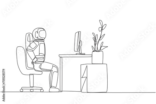 Continuous one line drawing astronaut sitting in a work chair with hands holding his waist. Stretching the waist. Nervousness makes it feel stiff. Spaceman. Single line draw design vector illustration