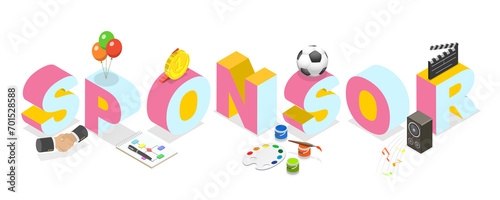 3D Isometric Flat  Illustration of Sponsor  Supporting Art  Music  Sport Projects