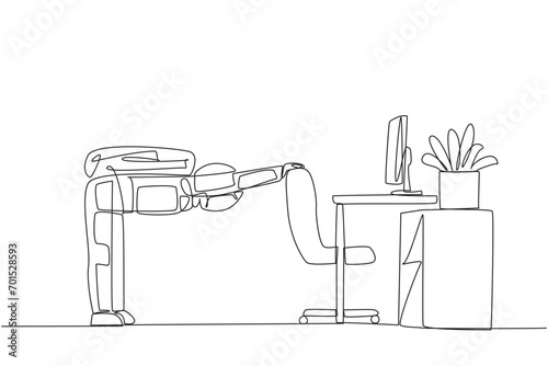 Single one line drawing astronaut bowed while holding his hand on his work chair. Stretching. Eliminates excessive nervousness. Preparing for expedition. Continuous line design graphic illustration