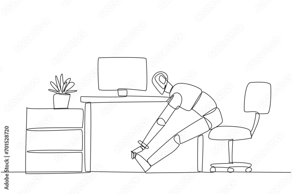 Single continuous line drawing robot sits in work chair with his legs ...